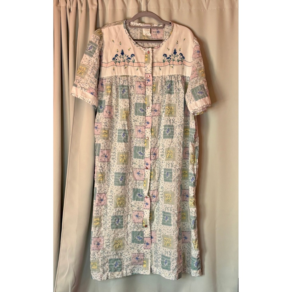 Vintage Coffee Time Pastel Patchwork Floral Embroidered Housecoat 1X 3002-304